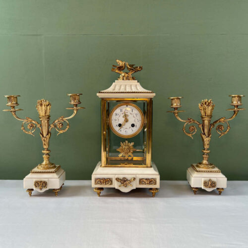 gilt and marble clock garniture