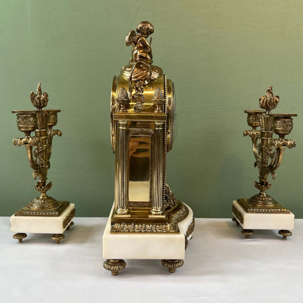 gilt brass and marble clock garniture