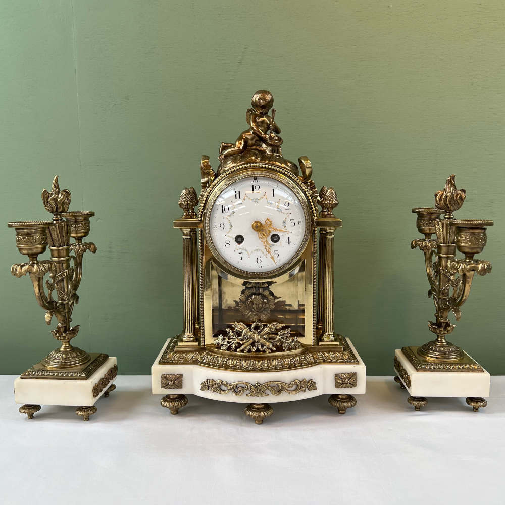 gilt brass and marble clock garniture