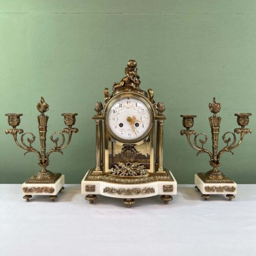 gilt brass and marble clock garniture